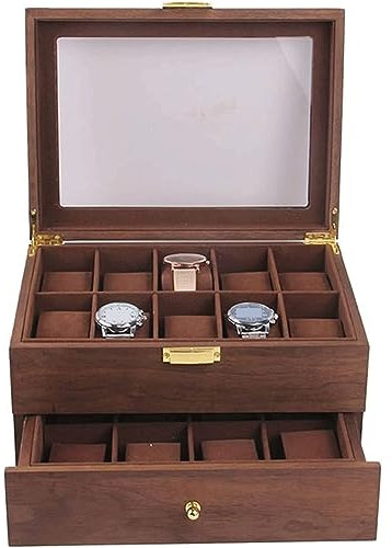 HJDQMDHA Uhrenkoffer 20 Slots Uhrenvitrine Doppelschichtiger Uhrenaufbewahrungskoffer Vintage Holzuhrenvitrine Klarer Deckel abschließbar Uhrenaufbewahrung