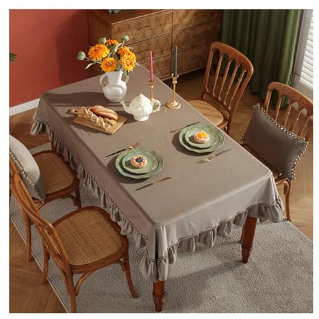BCughia Tischdecke 140x140CM Grau, Tischdecken Abwaschbar Quadratisch Polyester Einfarbig mit Rüsche Tischtuch für Indoor, Outdoor, Essen, Küche