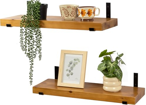 Gieanoo Wandregal Holz,2 Stück Rustikale Schweberegal, Massivholz Bücherregal Holzregale mit schwarzen L-Halterungen, ideal für Wohnzimmer,Küche, Büro 50cm