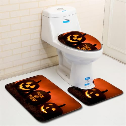 Bad Teppiche Set 3-Teiliges Kürbis Braun Orange WC Vorleger Mit Ausschnitt Badematte Saugfähig WC Deckelbezug Badvorleger rutschfest Waschbar Toilettensitzbezug Badgarnitur (45x75cm)