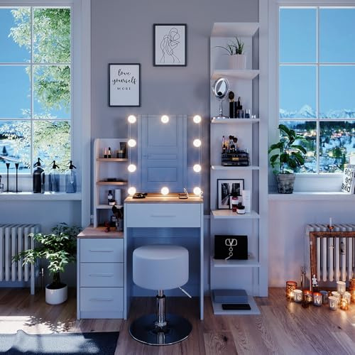 Vicco Schminktisch Conrada, Weiß/Sonoma, 80 cm | mit LED Beleuchtung und Hocker, geeignet zur Organisation von Kosmetikartikeln und Accessoires
