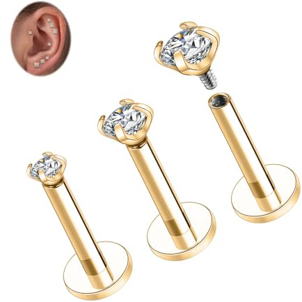 Titan Lippenstecker Labret Schmuck Gold Labret Ohrstecker Knorpel Ohrring 16G Helix Piercing 6 mm Innengewinde Lippenschmuck mit flachem Rücken Ohrring mit CZ Monroe Medusa Ring Conch Stud Sets