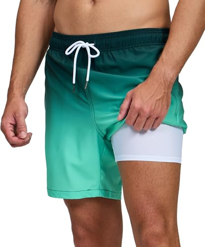 Badshorts för män snabbtorkande tyg badbyxor herr med boxershorts fodrade trosor och fickor, herr pooldräkt 2-i-1 kompressionsfoder herr badshorts, Mörkblå, L