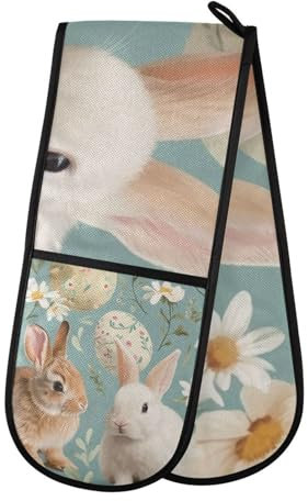 Maniques de cuisine doubles avec motif lapin de Pâques - Résistants à la chaleur - Matelassés - Pour barbecue, pâtisserie, cuisine