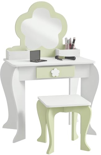 ZONEKIZ Coiffeuse avec miroir et tabouret, coiffeuse pour enfants de 3 à 6 ans, avec tiroir, boîtes de rangement, motif fleur de beauté - Blanc