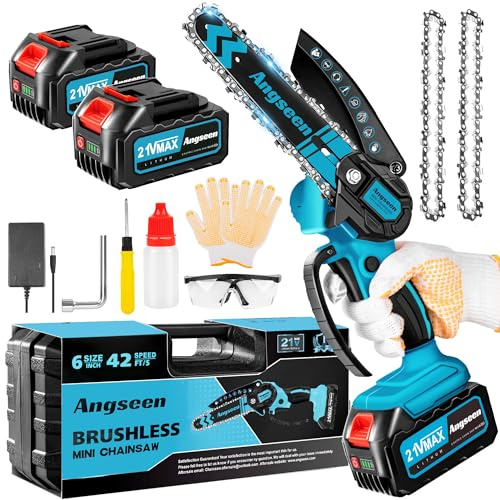 Brushless Mini Chainsaw Cordless 6 Inch, Electric Saw Battery Chainsaw Chain Saws with 2 2.0Ah Battery and 2 Super Chains (Blue,4000+4000mAh)