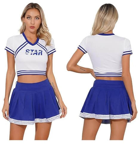 Cheerleader Kostüm Damen Cheerleader-Uniform for Damen, Halloween-Kostüm, for Erwachsene, mit Buchstaben-Aufdruck, bauchfreies Top + hohe Taille, integrierte Shorts, Faltenrock, Cheer-Outfit Cheerlead