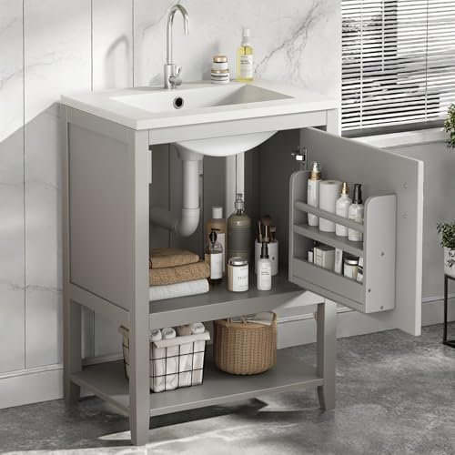 RTYUSWL Mobile da bagno moderno con lavandino, 60 cm, mobile da bagno con anta e ripiano aperto, mobiletto con lavabo rettangolare in ceramica, mobile da bagno per la casa senza rubinetto (grigio
