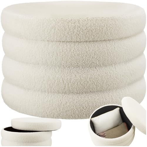 tectake® Pouf Contenitore, Sgabello Imbottito con Rivestimento Bouclé, Pouf Stile Scandinavo per Camera da Letto e Salotto, Soggiorno - Crema/Bianco, Ø 67 x 42 cm