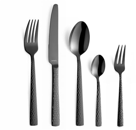 Amefa FELICITY Besteckset 30-teilig PVD Schwarz, Hochwertiges Besteck Set für 6 Personen, Gehämmert, Essbesteck im Hammerschlag-Design, Edelstahlbesteck