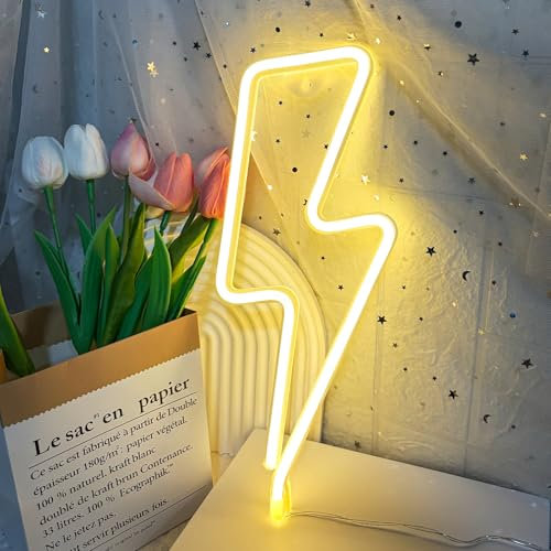 Cloud Neon Sign, Lightning Neon Lights, LED Light Signs for Wall Decor, Battery or USB Powered Decorative Wall Signs Lights for Bedroom,Party,Birthday Gift (Yellow Lightning)