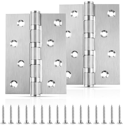 2 Pcs Stainless Steel Door Hinges, 100mm x 75mm x 2.3mm Heavy Duty Bearing Butt Hinges, Silent Internal External Door Hinge with 16 Screws for Wooden Doors, Cabinets & Gates
