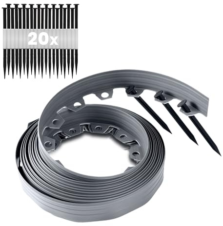 GARDENIX Borde Flexible de plástico para césped, Resistente a la Intemperie, Borde Redondo para parterres, Color Gris, 10 m, 20 Anclajes de Tierra, 8 cm de Altura