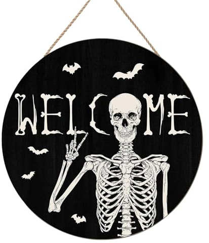 KASESSS Scheletro Legno Decorazione Porta Halloween Da Appendere Rotonda Benvenuto Halloween Decorazioni Porta Targa In Legno Per Decorazione Da Parete Interni Ed Esterni 20x20 Cm Nero