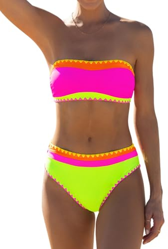 popvil Bikini Sets for Women Bandeau Swimsuits Strapless Two Piece Bathing Suits Neon Swimwear for Beach Vacation 2026