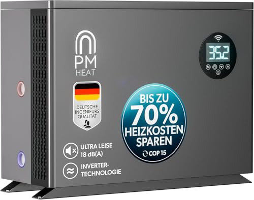 poolomio Pompe à chaleur pour piscine 30 à 60 m³ | Chauffage de piscine ultra silencieux avec WiFi | Technologie onduleur CC efficace jusqu'à 14 kW (COP 15,00) | Chauffage de piscine avec démarrage en