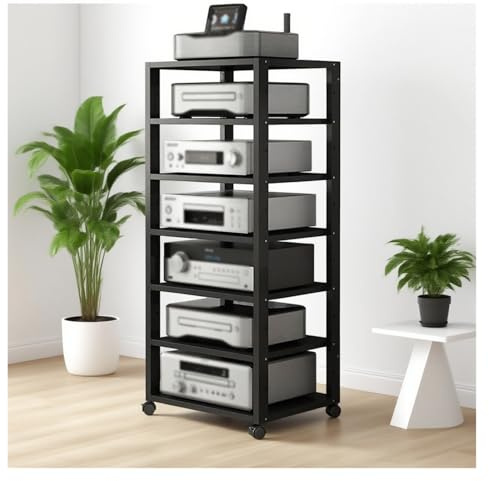 armadio audio hifi rack mobile Mobiletto Hi-Fi multifunzione a 7 ripiani con rotelle - Supporto audio/video regolabile, ripiani aperti for amplificatore, lettore DVD, console di gioco(Nero)