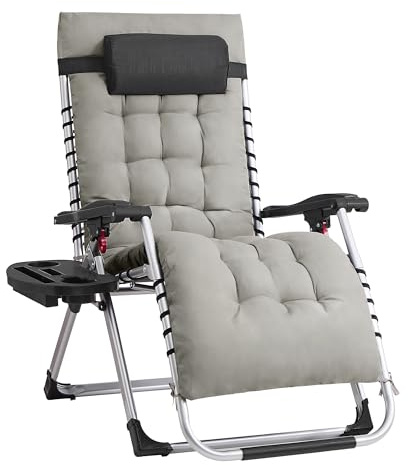 SONGMICS Sonnenliege klappbar, Kissen abnehmbar, Stahlgestell | Liegestuhl, Kopfkissen verstellbar, Tasche, Tablett, , bis 110 kg belastbar, für Balkon, hellgrau SANDY Kollektion GLB040GZ04