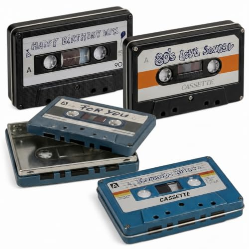 MIJOMA metallförvaringsburkar set om 4 i retrokassettdesign – förvaringslåda ca 10 x 6 cm – vintage dekoration presentförpackning – sorterad – nostalgisk design för musikfans