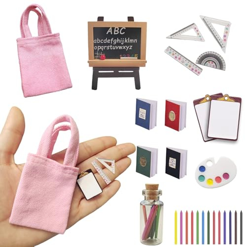 Miniatur Wichtel Zubehör, 8 Stück 1:12 Weihnachten Mini Puppenhaus Zubehör mit Lineal, Kleiner Segeltuchbeutel, Mini Bücher, Klemmbrett, Tafel, Buntstift Set, Geschenke für Kinder - Puppenhaus Zubehör
