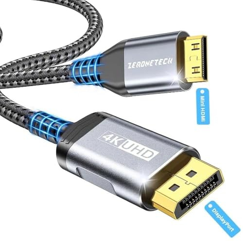 ZeroneTeck Câble DisplayPort vers Mini HDMI unidirectionnel 3M, 4K@60Hz UHD | compatible avec ordinateurs, moniteurs, Ecran Portable, AMD, NVIDIA, ARZOPA, projecteurs, mini PC. Câble nylon anti-flexion