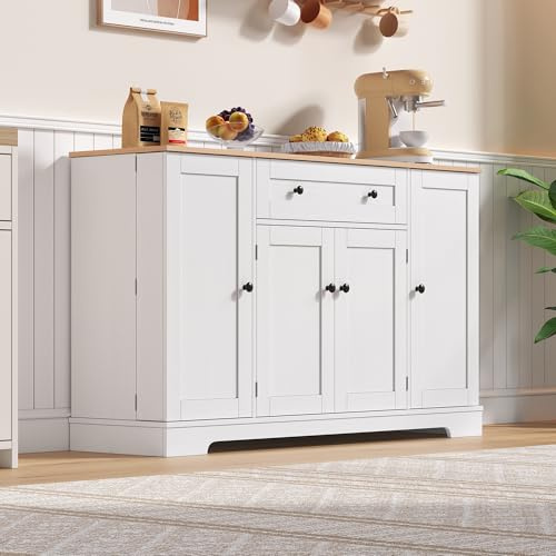 Goldicoo Köksbuffé 138 cm, skänk med låda och justerbara hyllor, naturlig vit, MDF, modern design med tippskydd