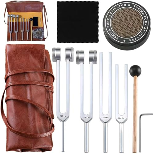 FiTspi inställningsgafflar för helande set, inkluderar 128 Hz, 136,1 Hz, 256 Hz, 384 Hz och aktiverare, ljudläkande instrument för chakra, yoga och meditation, perfekt för andlig avkoppling