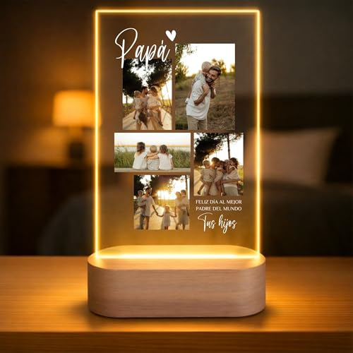 Lámpara Personalizada Día del Padre con Fotos y Dedicatoria – Regalo Original para Papa Familiar con Luz LED en Metacrilato y Base de Madera Opcional Grabada