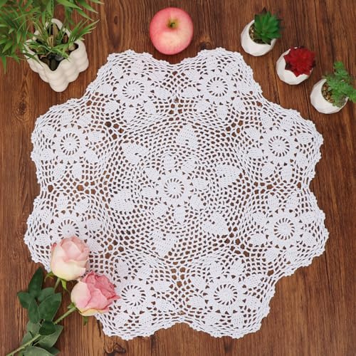 kilofly Handmade Crochet Cotton Lace Table Sofa Doily, Waterlily, White, 22 inch