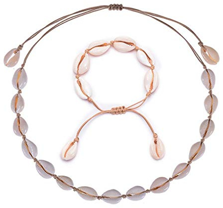 GLITZFAS Damen Natural Shell Choker Halsketten Armband Schmuck Set Boho Muschelkette