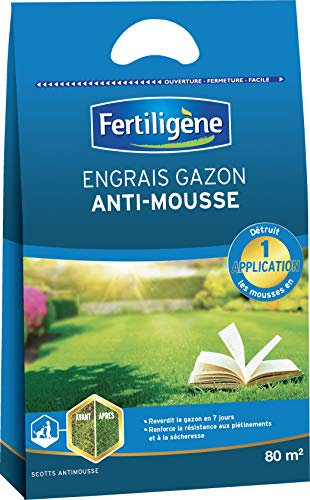 FERTILIGENE MO80 - Engrais Gazon Anti-mousse 2,8 kg - Reverdit en 7 jours - Détruit les mousses en 1 application - Renforce résistance aux piétinements et à la sécheresse - Micro-granulés - Pour 80 m²