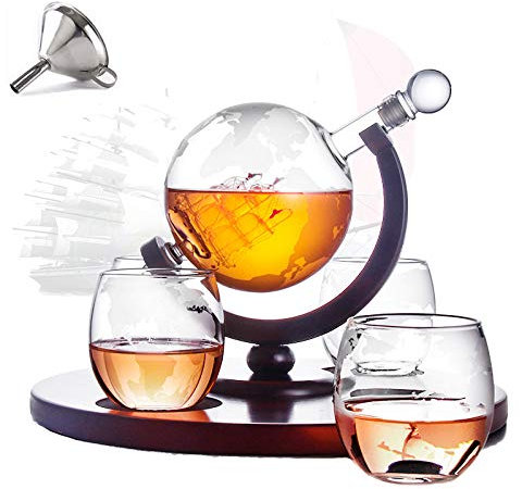 Ensemble De Carafe À Whisky En Verre, Globe Carafe Avec Bouchon En Verre, 4 Verres À Globe Gravés Et Entonnoir De Coulée En Acier Inoxydable, Capacité De 1000 Ml