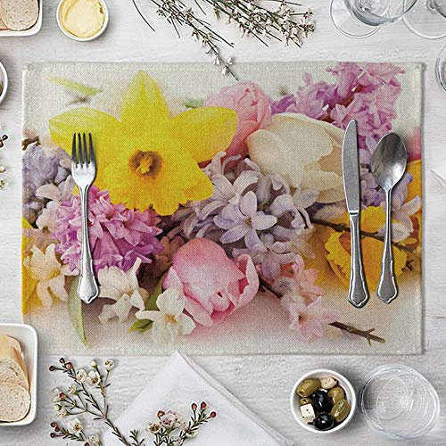 KnSam Set de Table Tissu 4 Pièce, 40x30CM, Napperon Moderne Jacinthe et Fleur Jaune