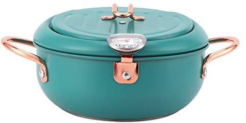 Deep Fryer Pot, 8.1x4.4in Stainless Steel Tempura Deep Frying Pan,Chip pans with basket and lid,Deep fat fryer with Thermometer and Oil Drip Drainer Rack for Induction Cooker, Deep Green