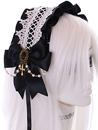 C-04-6 Schwarz Zofe Maid Lolita Haarband mit Schleife Perlenkette Gothic Haarschmuck Kopfband