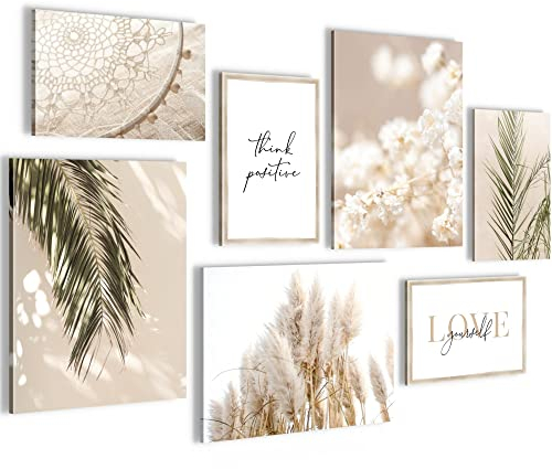 Novart Wandbilder Boho Pampasgras - KOMPLETT AUFHÄNGFERTIG - Beige Wohnzimmer Schlafzimmer - 7 Moderne Mood-Bilder - N005871a