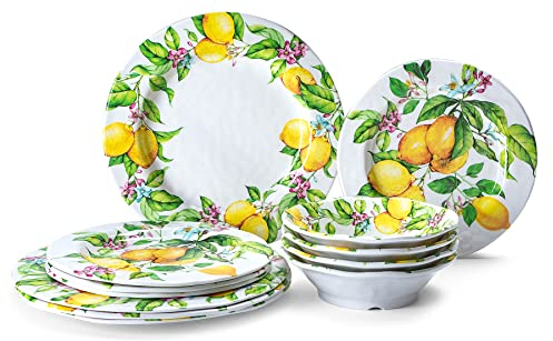 Lehaha Service de table en mélamine citron - 12 pièces pour intérieur et extérieur - Pour 4 personnes - Passe au lave-vaisselle - Incassable 12-21E065
