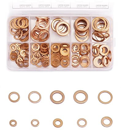 QWORK® Copper Washers Assorted Kit, 200 Pcs Flat Copper Sealing Washers - M5, M6, M8, M10, M12, M14