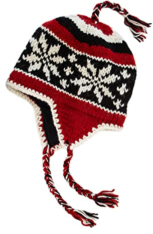 KOSHI The Himalayan Goddess Handgestrickte Sherpa-Wollmütze mit Microfleece-Futter, Ohrenklappen, Toque, Beanie, Rot, Schwarz, Weiß