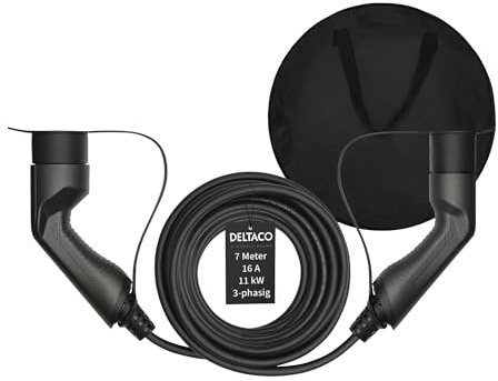 DELTACO Typ 2 EV-Ladekabel für E-Autos & Hybrid Fahrzeuge inkl. Tasche, Elektroauto Charge Mennekes Kabel, Kompatibel mit ID.3, ID.4, Zoe, E-Tron, Model S/3/X/Y, Leaf, 3-phasig, 16A | 11kW, 7 Meter