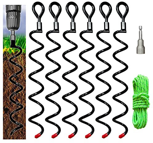 JPOIP Robustes Erdanker zum Einschrauben, 40,6 cm, spiralförmig, hohe Windschaukel-Set, Ankerpfähle für Trampolin, Spannhaken, Sicherung von Zelten, Vordächern, (schwarz, 6 Stück mit 9,2 m Nylonseil)