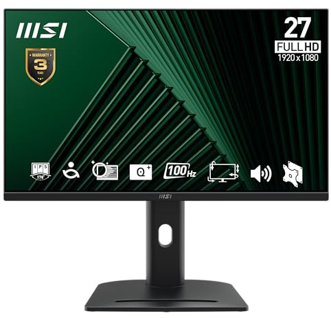 MSI PRO MP275PG 27 Inch Full HD Office Monitor - 1920 x 1080 IPS Panel, 100Hz, Eye-Friendly Screen, VESA Mountable, Display Kit Support, 4-Way Adjustable - HDMI, DisplayPort, D-Sub (VGA)