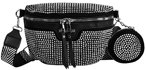 Cozlly Bauchtasche Damen, Strass PU Gürteltasche Damen, Crossbody Bag Damen Breiter Gurt, Leder Umhängetasche Damen Klein, Schulter Crossbody Brusttasche mit Münzgeldbeutel Anhänger