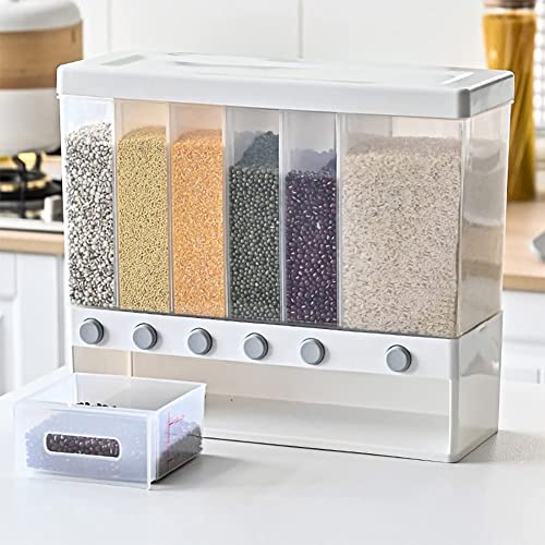 Greenfields 10KG 6 in 1 White Wall Mounted Plastic Rice, Lentil Dispenser - Food Bucket with Transparent View - Grain, Cereal, Dry Fruit Storage Box for Home and Kitchen