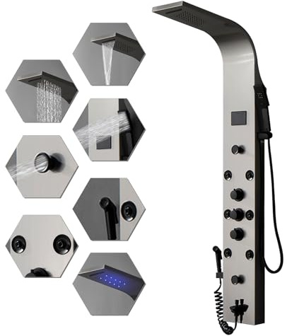 BWE Brushed Shower Panel Tower System 6-Function Stainless Steel Shower Tower Panel System with Massage Body Jets, Temperature Display Wall Mount