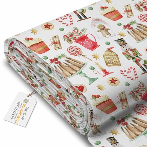 DreamRoots Oxford Weihnachtsstoff Meterware, Christmas Sweet | wasserdicht, wasserabweisend, Deko-Stoff, OEKO-TEX, 220 g/m² 600D, Weihnachtsmotiv, zum Nähen & Basteln
