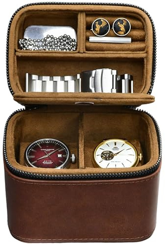 Leather Watch and Jewelry Travel Case for Men – Cufflink and Watch Band Travel Case Organizer – Coffee Brown Swiss-Motif Genuine Leather