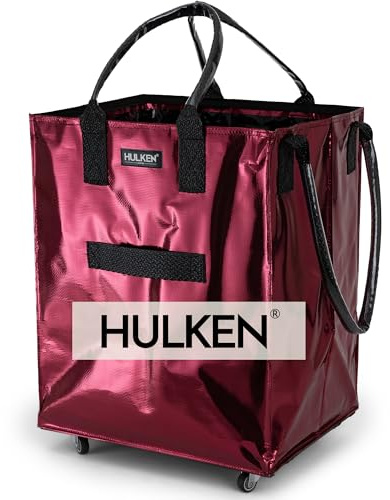 HULKEN - (Große, rote) Wiederverwendbare Einkaufstasche auf Rädern. Der Einkaufswagen trägt bis zu 30 kg. Der klappbare Einkaufstrolley hat robuste Griffe und Reißverschluss, ist flach und faltbar