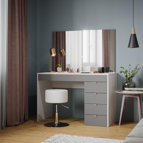 Vicco Schminktisch Elise, Weiß/Grau/Grau, 115 cm mit Hocker, mit höhenverstellbarem 360° drehbarem Sitzhocker
