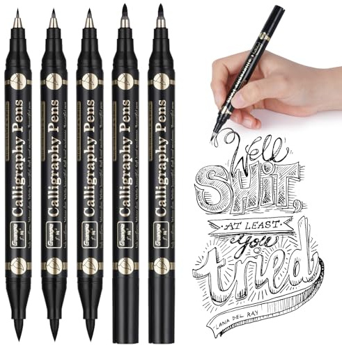 OFFCUP Calligraphy Set for Beginners - 5PCS Calligraphy Pens with 4 Types of Nibs and Brush for Hand Lettering, Sketching, Drawing (Black)